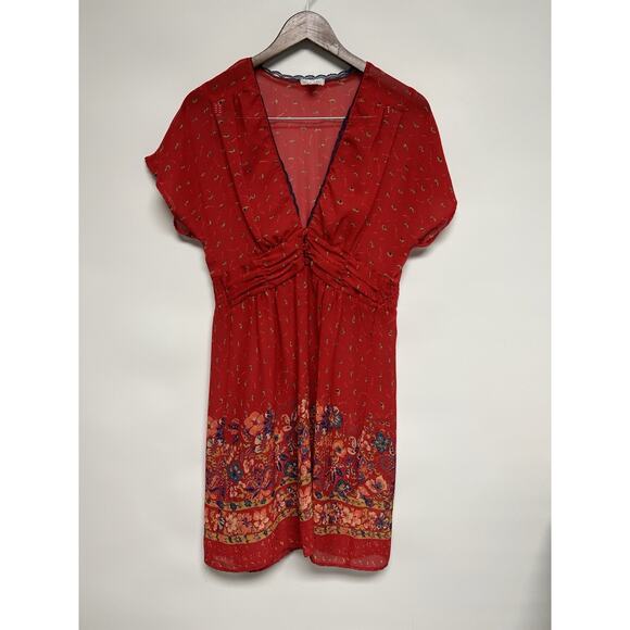 Y2K Kimchi & Blue Medium Babydoll Dress Womens Red Floral Sheer Boho Cottage - Picture 1 of 12